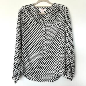 Joe Fresh Black White Print Blouse Long Sleeve Pocket Top S